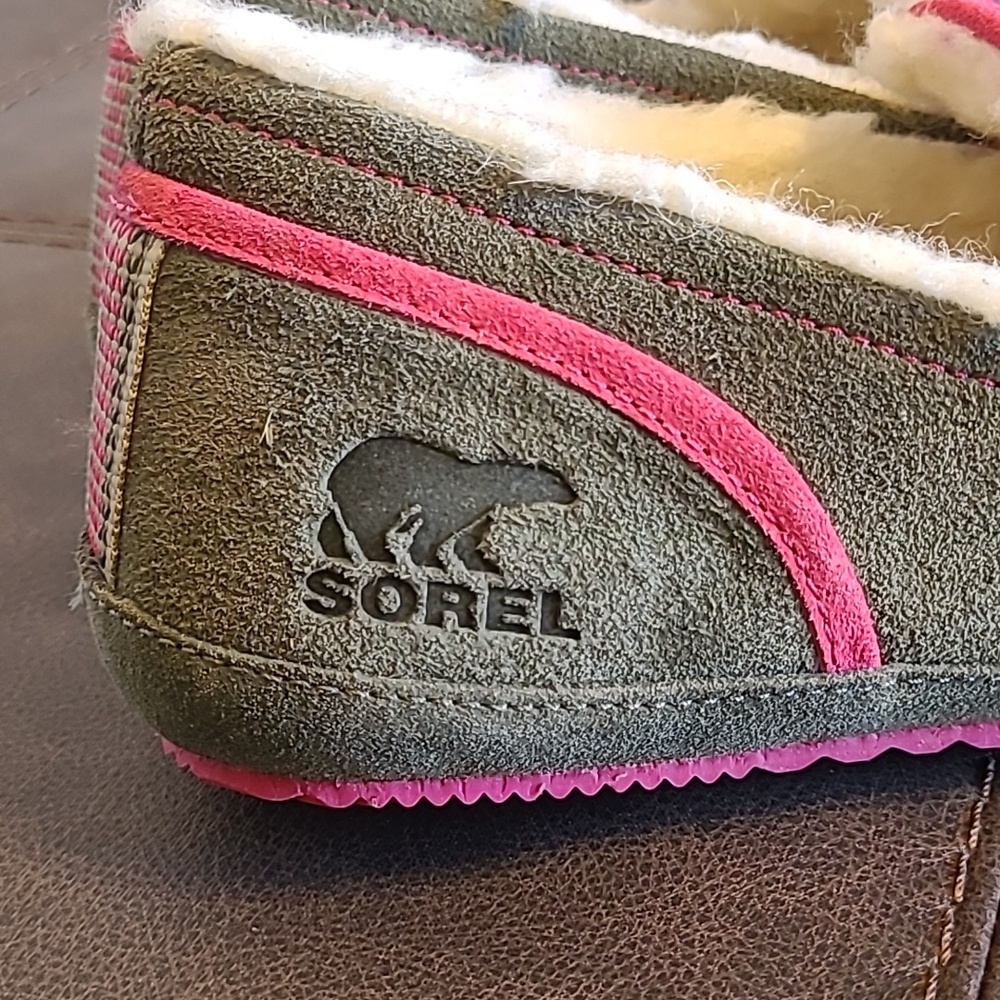 Sorel Tremblant II Pink Green Suede Furry Moccasins Slippers Wmn 10 Comfy Casual - Picture 3 of 9